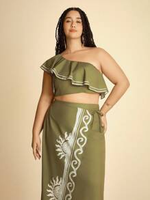 CAJUNI Conjunto de 2 piezas con blusa de cuello asimétrico con volantes y estampado tropical verde, y falda - Ropa bohemia para mujer / Ropa occidental para mujer / Gráfica / Casual - Vestidos de otoño para mujer - Verde - Ver 4