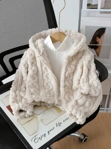 SHEIN Giacca corta in pile color albicocca casual per ragazze, con chiusura lampo frontale, motivo a cuori, cardigan con cappuccio carino per autunno/inverno