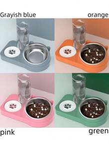 1 件可拆卸可洗倾斜防溢防湿宠物碗，带熊耳设计，大容量双碗带自动饮水器，不锈钢 - 彩色 - 查看 2