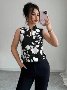 Elenzga 女式 V 领花卉印花半襟无袖衬衫 - 彩色 - 查看 6