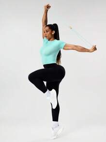 SHEIN Sports Áo thun thể thao ôm vừa vặn tay ngắn màu trơn thường ngày dành cho nữ - Màu xanh lam - Xem 5