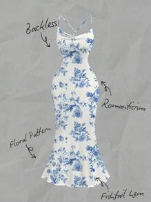 SHEIN MOD Full-Length Blue Vintage Oversized Floral Print French Style Draped Neck Maxi Dress For Women Boho Suitable For Going Out Chic Dress