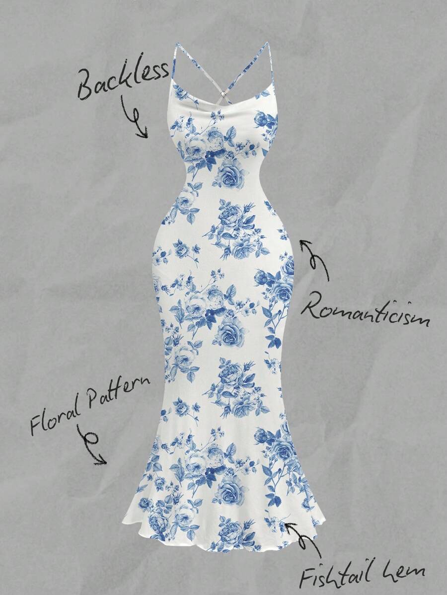 SHEIN MOD Full-Length Blue Vintage Oversized Floral Print French Style Draped Neck Maxi Dress For Women Boho Suitable For Going Out Chic Dress