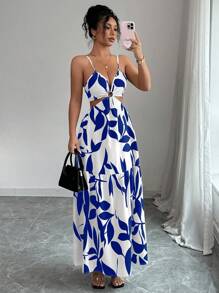 Elenzga 女装夏季新款吊带收腰花卉印花连衣裙（不对称花卉图案）