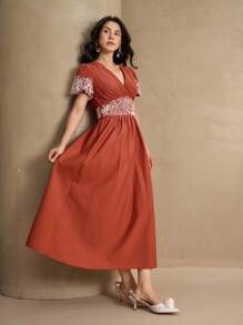 DAZY 女士优雅刺绣V领泡泡袖中长连衣裙 - 橘色 - 查看 6