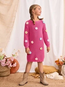 Blossori Young Girls' French Elegant 3D Floral Crew Neck Long Sleeve Knit Dress Girls Sweater Dress Girl Long Sleeve Dress Kids Pink Dress Girls Floral Dress,In Fall/Winter