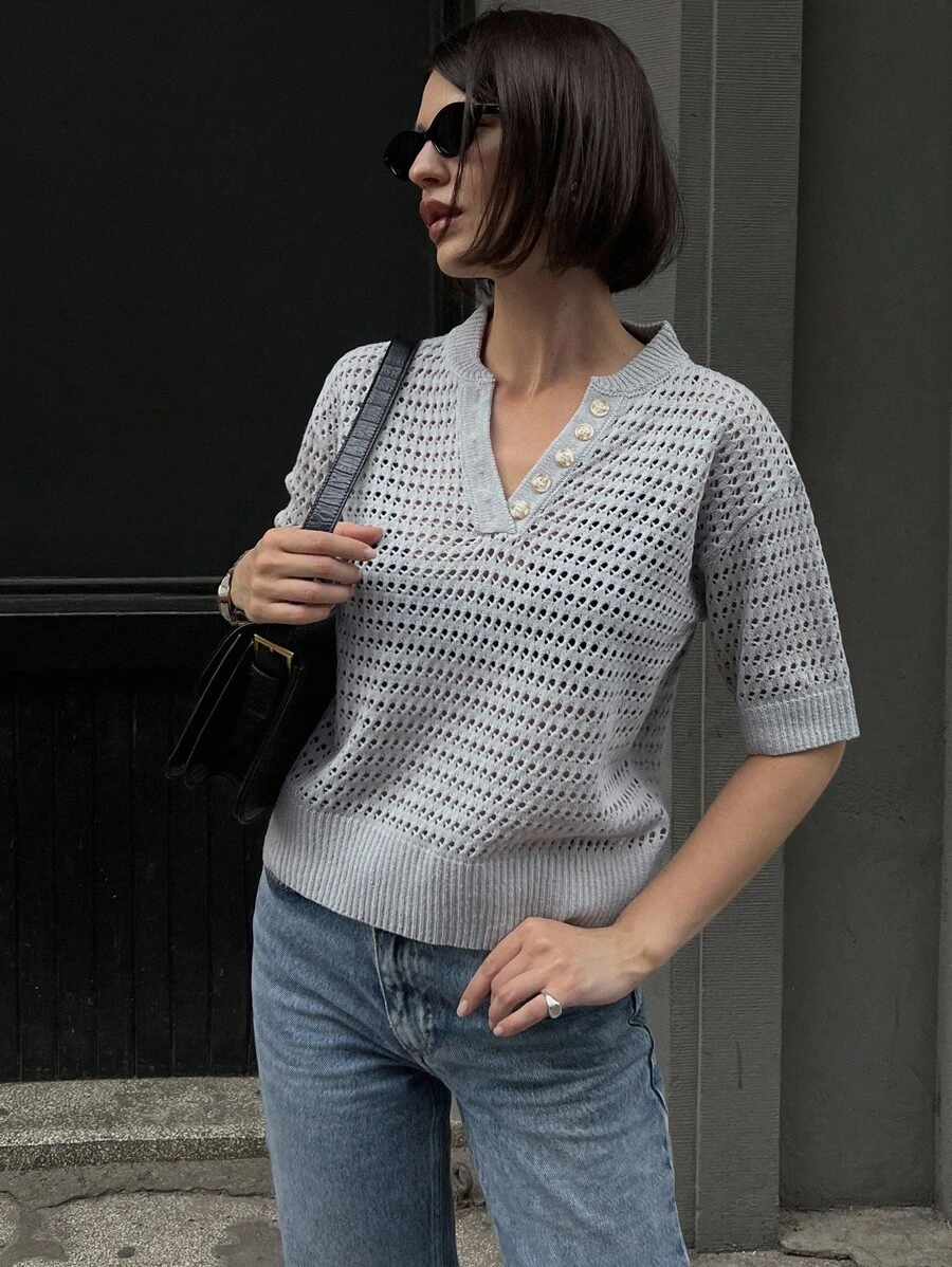 DAZY 女士休闲通勤纯色镂空针织缺口领半扣开衫 - 藍色 - 查看 1