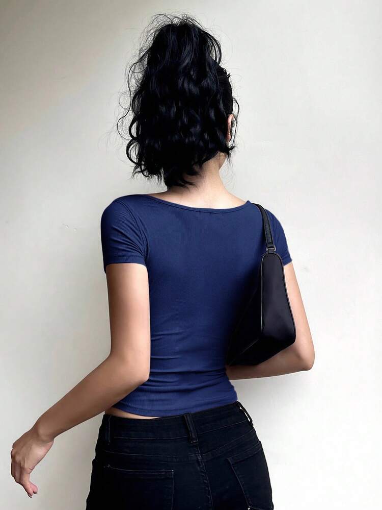 Women's Casual Sexy Street Chic Solid Color Ribbed Keyhole Twist Front Cropped T-Shirt, Summer Going Out Tops Women