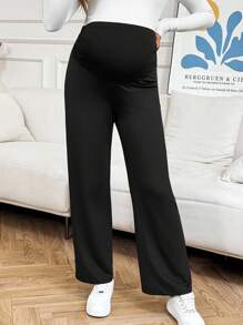 SHEIN Maternity Solid Color Adjustable Waist Pleated Design Casual Pants - Black - View 3