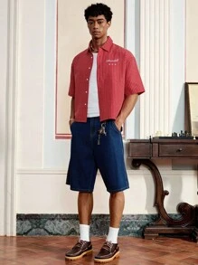 SWAVVY Men's Letter & Plaid Print Short Sleeve Casual Single-Breasted Shirt