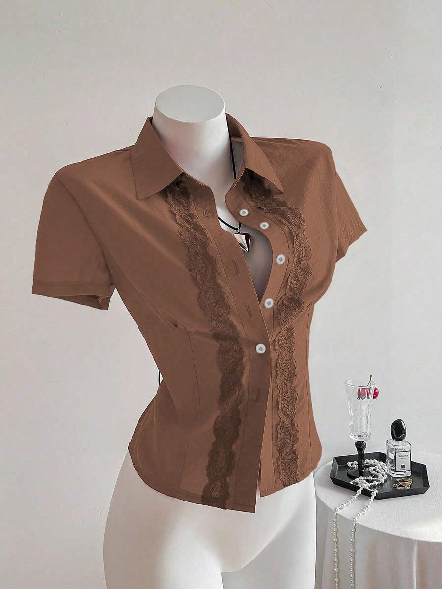 Elamini Classic Lace Patchwork Solid Color Slim Fit Short Sleeve Women Shirt - Brown - View 1