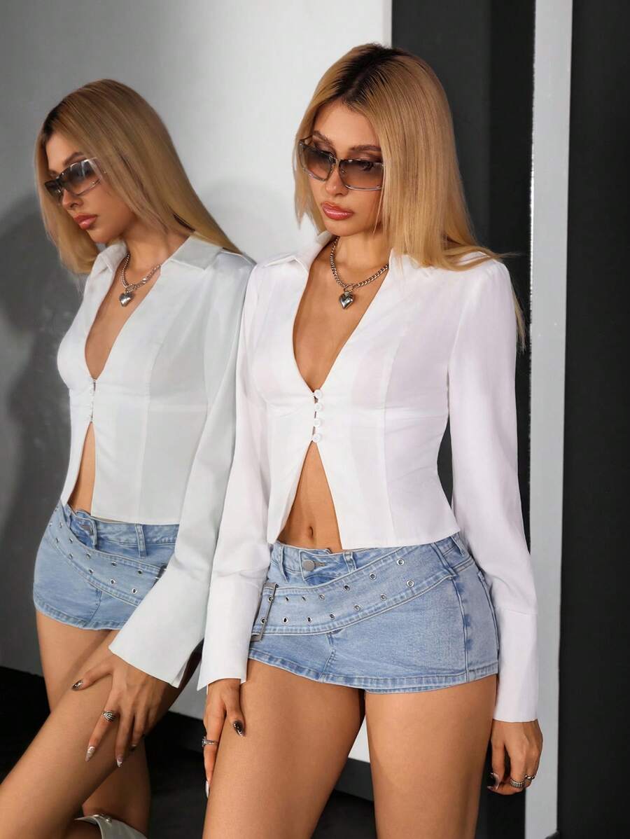 Jeanoix Camisa de mujer de corte ajustado con cuello en V profundo, manga larga y abertura, de unicolor, estilo minimalista y casual para primavera/otoño - Blanco - Ver 1