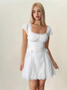 Sweetina Vestido mini con decoración de lazo bordado hidrosoluble - Blanco - Ver 3