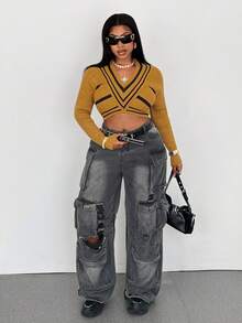 Maweii Maglione corto a scollo a V con motivo a righe a contrasto, stile casual da strada e college, per donne taglie forti, autunnale - Giallo - Visualizzare 6