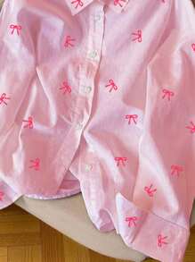 SHEIN 女士蝴蝶印花长袖衬衫 - 粉色 - 查看 4