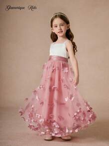 Glamorique Kids Young Girl Birthday Party Princess Dress Piano Performance Tulle Dress, Stylish Flower Girl Wedding Pageant Ceremony Show Outfit Pink Flower Girl Dresses Girls Pink Dress With 3d Flowers Long Dresses For Kids Long Flower Girl Dress