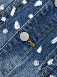 ROMWE MEN Street Life Jaket Denim Lengan Panjang Kancing Depan dengan Hiasan Berlian Imitasi untuk Pria - Biru - View 4