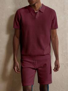 Manfinity Homme Men's Solid Color Short Sleeve Knit Top And Knit Shorts Casual Co-Ord Set , Fall Clothes - Burgundy - View 6