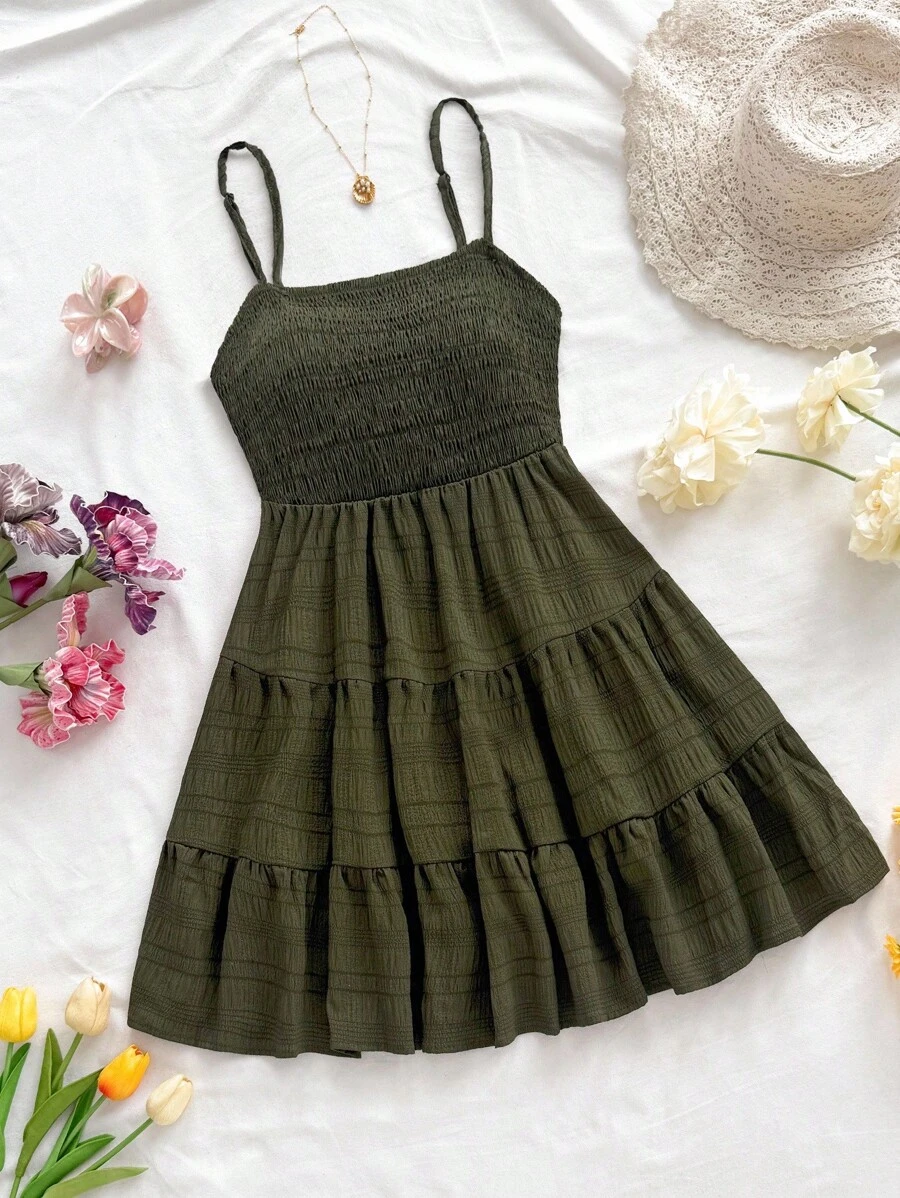 Soleia 大码女式休闲细肩带迷你连衣裙，适合度假、约会和休闲 - 墨綠色 - 查看 1