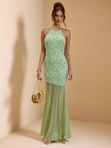 SHEIN BAE Đầm hở lưng lưới đan họa tiết màu xanh lá cây cho nữ, Đầm gợi cảm, Đầm ngày lễ, Thích hợp cho tiệc tùng, những dịp trang trọng vào mùa xuân/hè - màu xanh lá - Xem 5