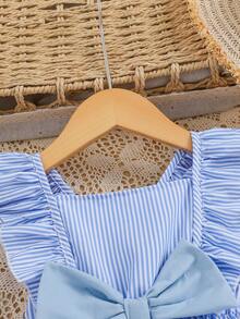 SHEIN Vintaside Kids Baby/Toddler Girl Striped Print Bowknot Front Ruffle Hem Short Sleeve Pink Dress, Casual Versatile Fashion Infant OOTD Dress, Spring/Summer - Blue and White - View 4