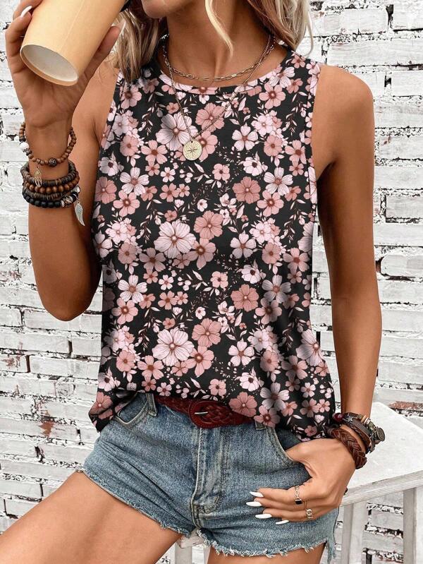 EMERY ROSE Lässiges Frauen Tank Top mit Blumenmuster und Rundhalsausschnitt, geeignet für den Sommer