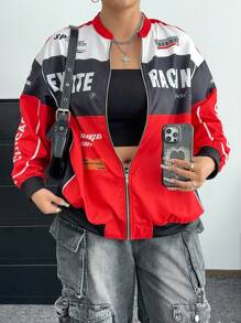 Flirla 复古街头户外立领字母印花机车夹克，女式春秋棒球外套 - 彩色 - 查看 1