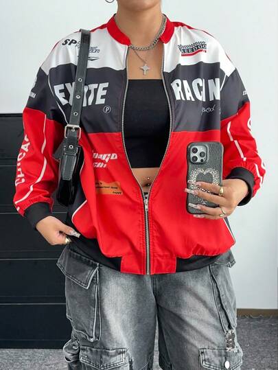 Flirla 复古街头户外立领字母印花机车夹克，女式春秋棒球外套