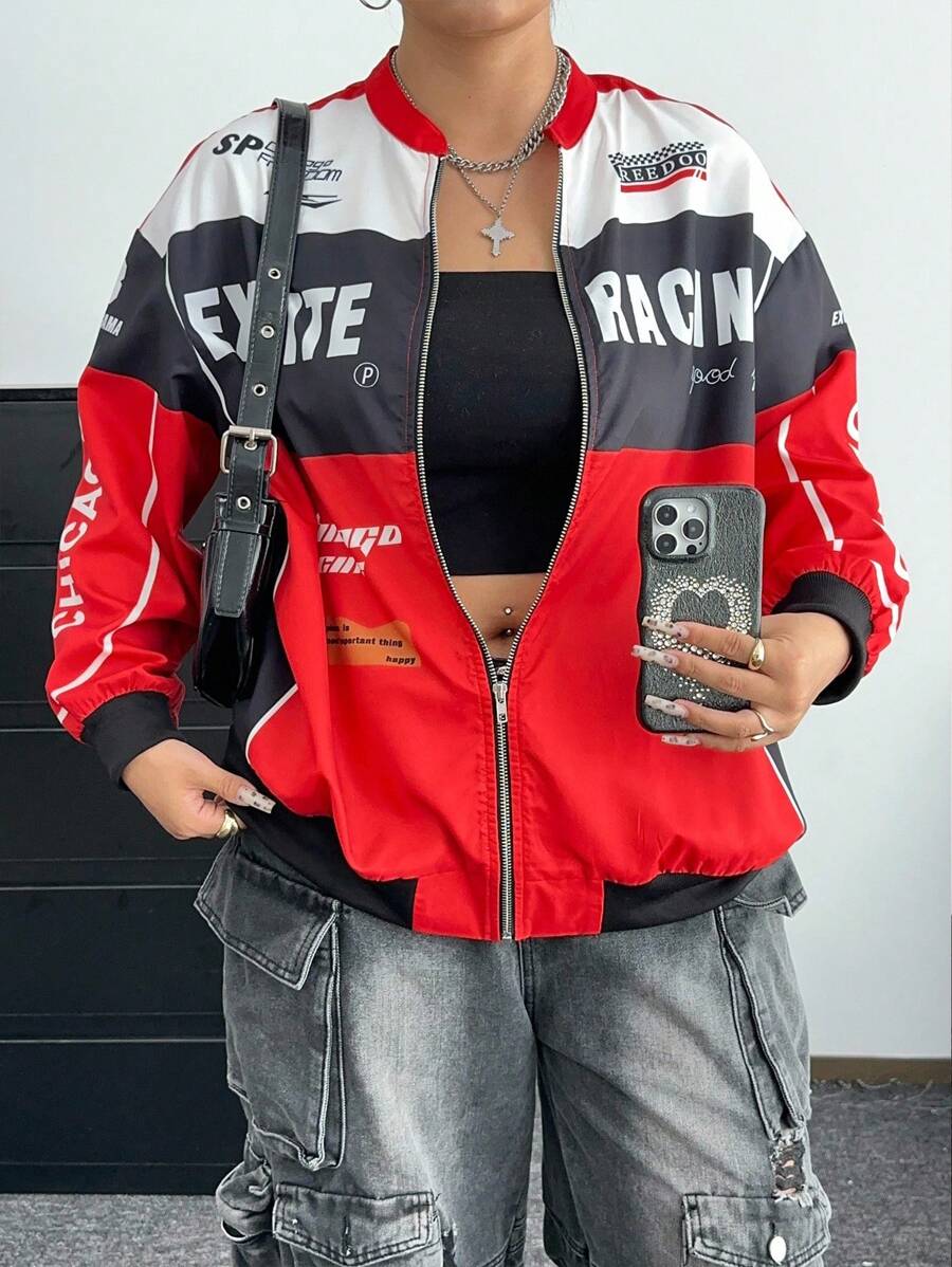 Flirla 复古街头户外立领字母印花机车夹克，女式春秋棒球外套 - 彩色 - 查看 1