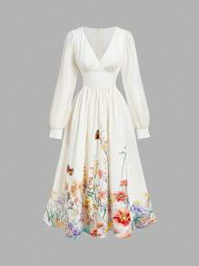 SHEIN MOD Vintage Romantic V-Neck Floral Print Long Sleeve Dress