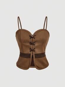 SHEIN MOD Áo hai dây thắt eo trang trí buộc dây phía trước, phong cách Boho, trang phục mùa thu cho nữ, áo hai dây, trang phục phương Tây cho nữ, chất liệu da lộn, có thể phối lớp để tạo kiểu, phong cách cổ điển, quần áo Boho cho nữ, trang phục dự tiệc. - màu nâu - Xem 1