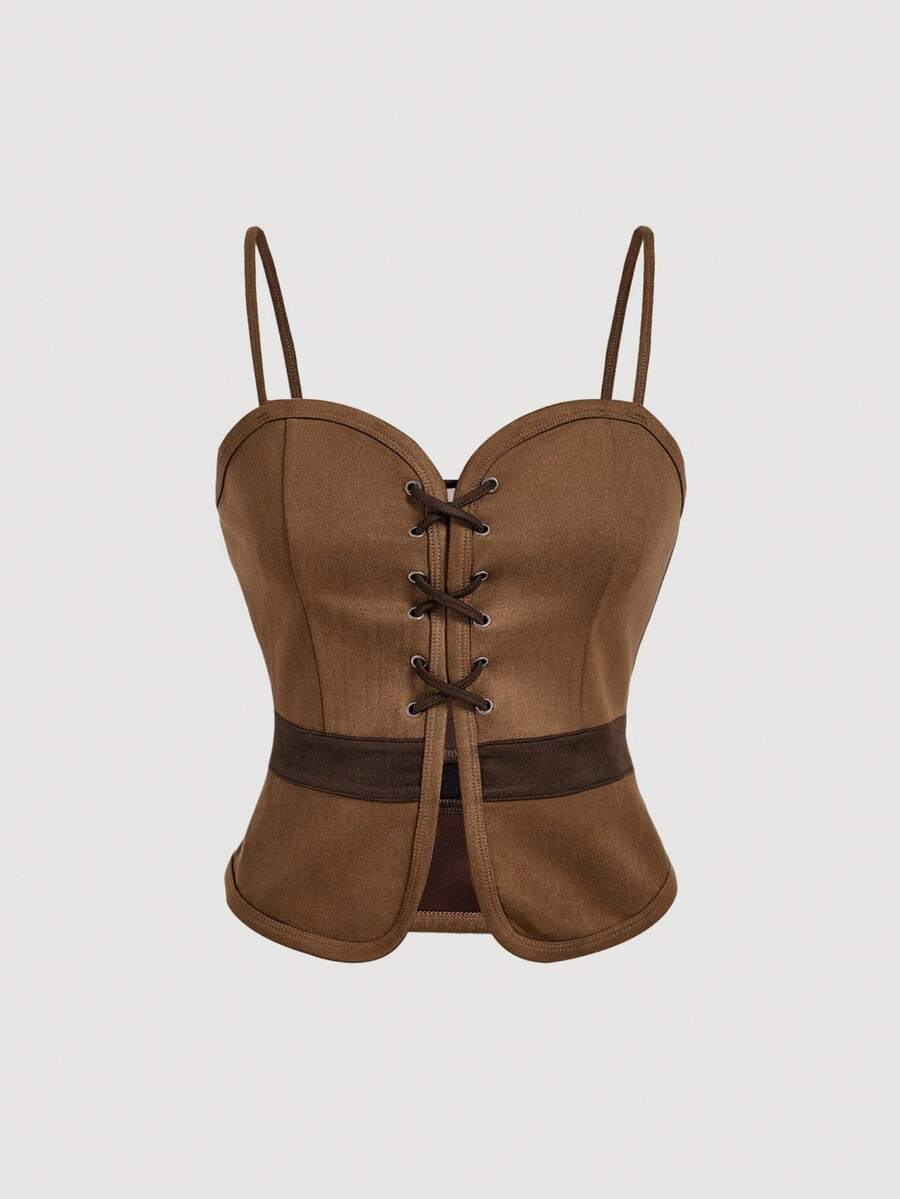 SHEIN MOD Áo hai dây thắt eo trang trí buộc dây phía trước, phong cách Boho, trang phục mùa thu cho nữ, áo hai dây, trang phục phương Tây cho nữ, chất liệu da lộn, có thể phối lớp để tạo kiểu, phong cách cổ điển, quần áo Boho cho nữ, trang phục dự tiệc. - màu nâu - Xem 1