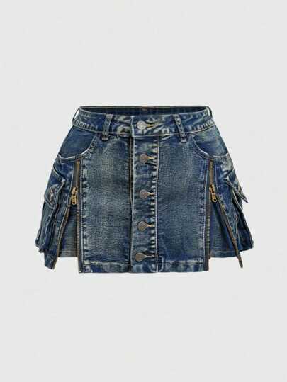 Kawaii Plus Size Kpop Y2K Zip-Up Vintage Washed Low Waist Mini Denim Skirt