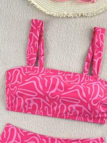 SHEIN 2 件套女士夏季泳衣，随机颜色印花肩带上衣和高腰泳裤，海滩度假比基尼套装 - 玫紅色 - 查看 4