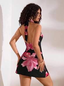 Opulessa 女士花卉印花系带深 V 领迷你连衣裙，度假风 - 彩色 - 查看 2