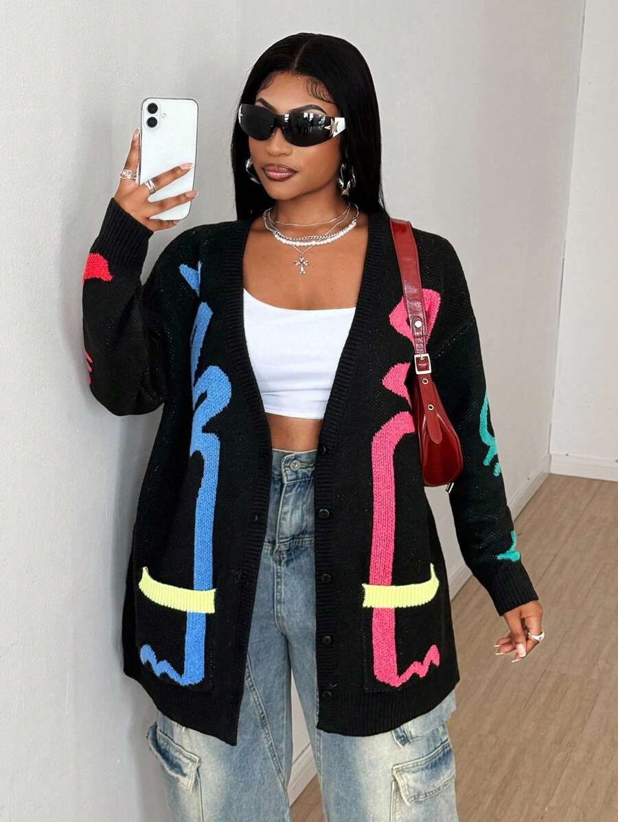 Maweii 大码女式印花宽松休闲开衫 - 黑色 - 查看 1