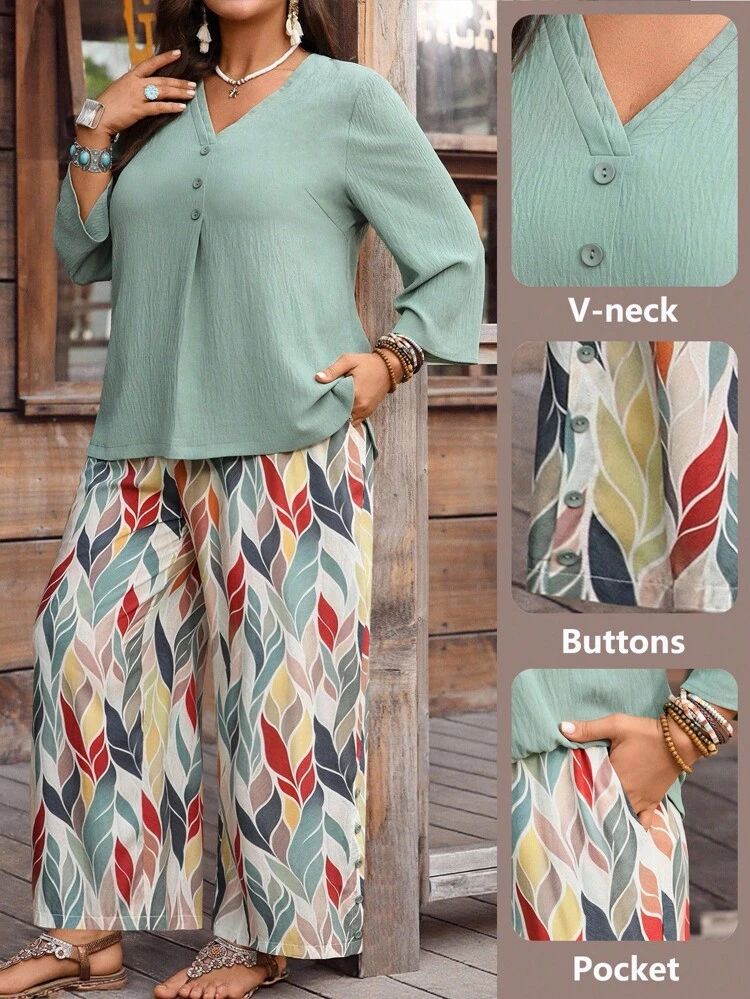 Plus Size Women 2 Pieces Set - Solid Color Button-Down Long Sleeve Shirt & Floral Print Pants, Casual, Summer Outfits For Women,Vacation Outfits For Women,Holiday Outfits Boho,Autumn,Fall Women's Clothes,Fall Clothes,Country Concert Outfit,Old Money Style Women,Country Outfits Women