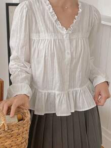 DAZY 花卉蕾丝拼接V领荷叶边长袖度假衬衫 - 白色 - 查看 10