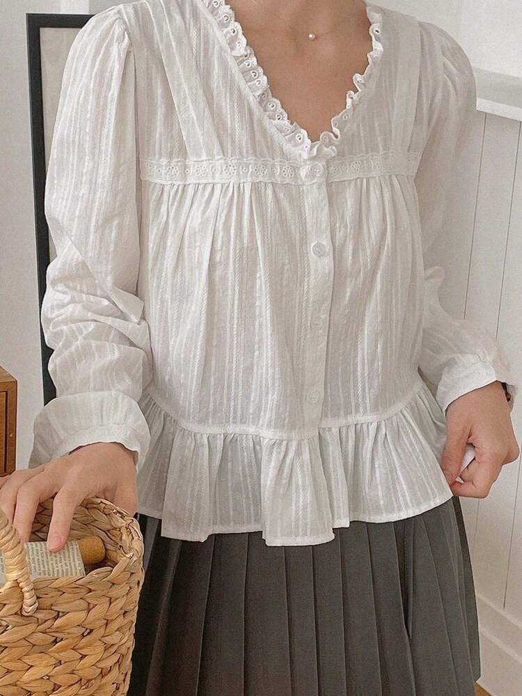 Floral Lace Patchwork V-Neck Ruffle Trim Long Sleeve Blouse Vacation