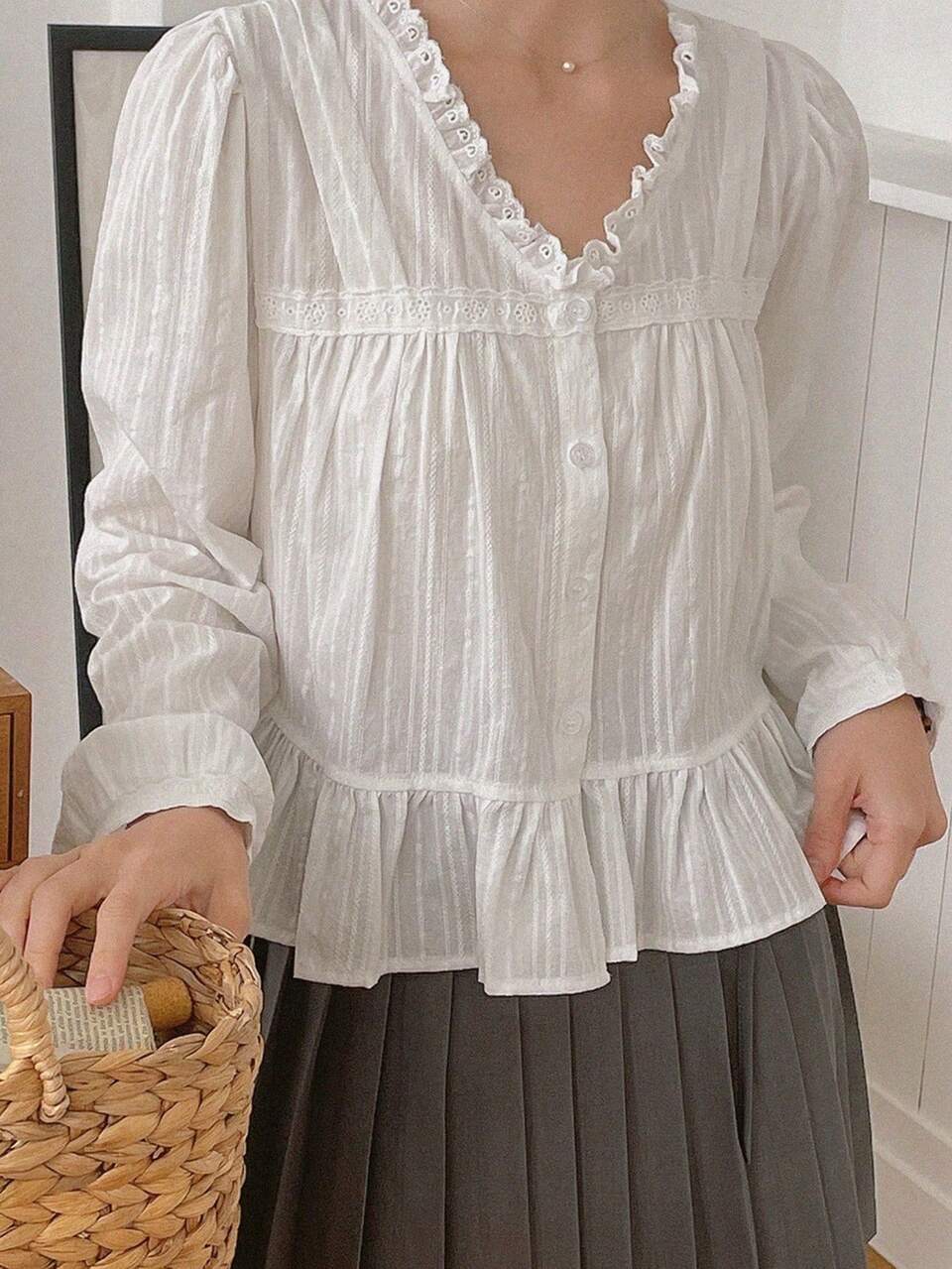 Floral Lace Patchwork V-Neck Ruffle Trim Long Sleeve Blouse Vacation Golf White Autumn Sexy Cute Tops