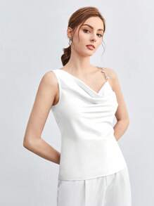 BizChic Women's Asymmetric Design Ruched Metal Decor Strap Blouse, Basic Minimalist Elegant Chic Business Casual, Suitable For Urban Commute, Office, Teacher, Wedding Guest, Music Concert - White - View 5