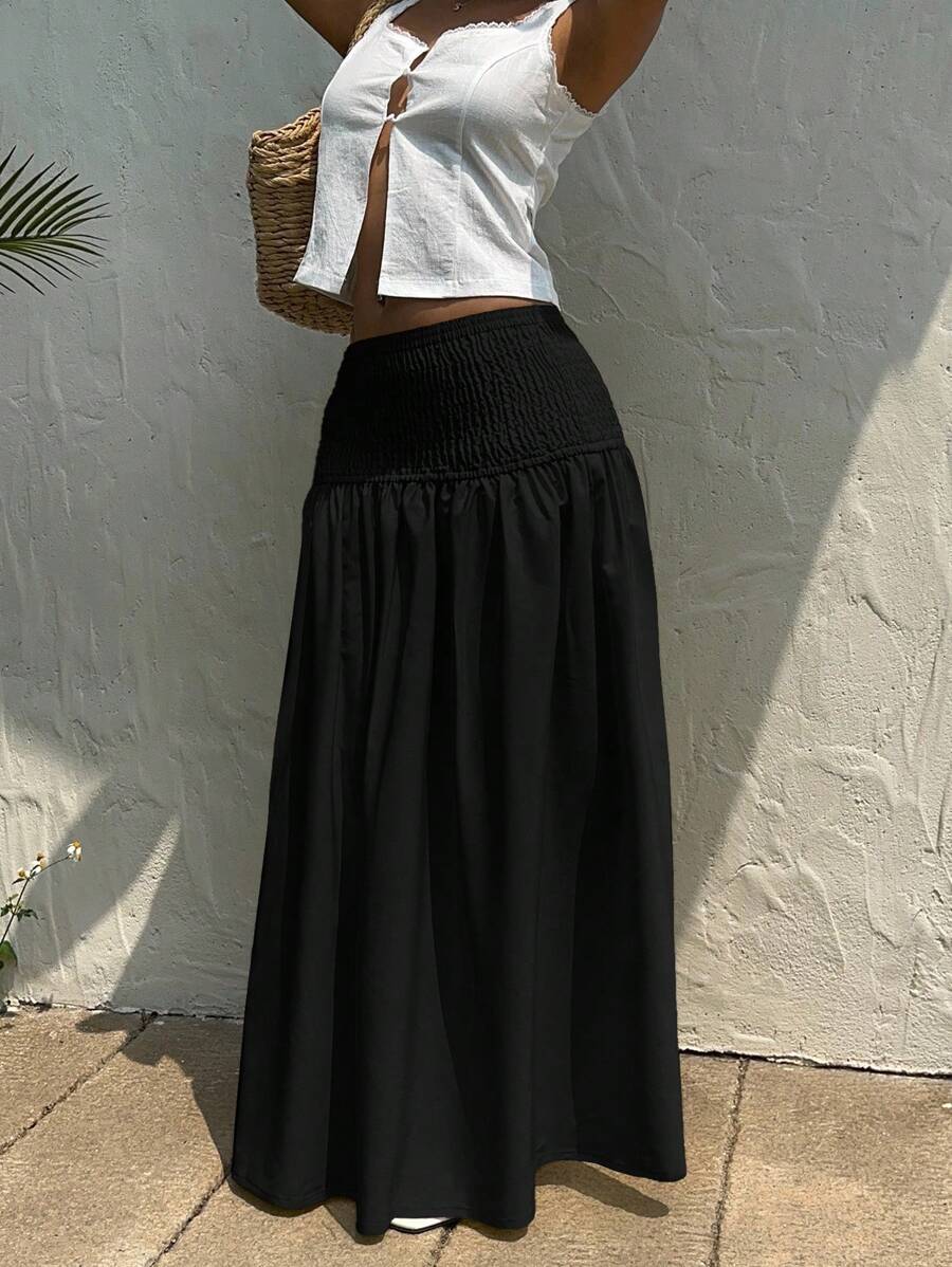 SHEIN EZwear 大码休闲宽松黑色长裙，夏季假日 - 黑色 - 查看 1