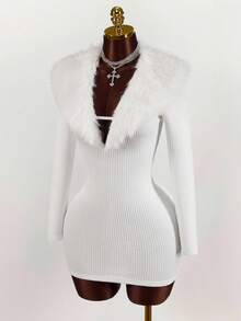 Amplova 女式纯色人造毛皮拼布高领长袖修身迷你连衣裙 - 白色 - 查看 4