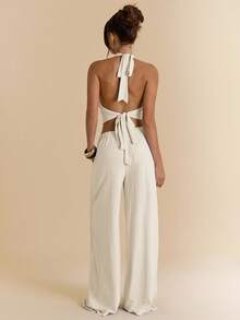 SHEIN BAE 2 件套女士纯色浅蓝色棉麻吊带背心和阔腿裤，棉麻套装，度假装 - 杏色 - 查看 1