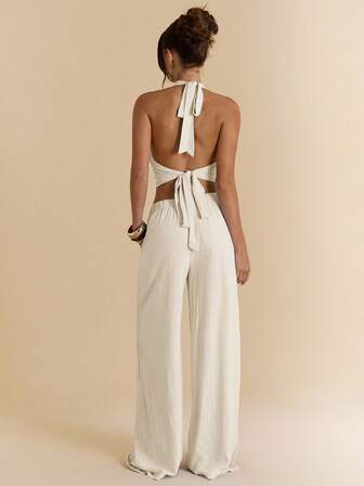 SHEIN BAE 2 件套女士纯色浅蓝色棉麻吊带背心和阔腿裤，棉麻套装，度假装