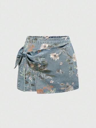 Jupe mini en jean à imprimé floral vintage tout-sur-tout avec nœud, grande taille