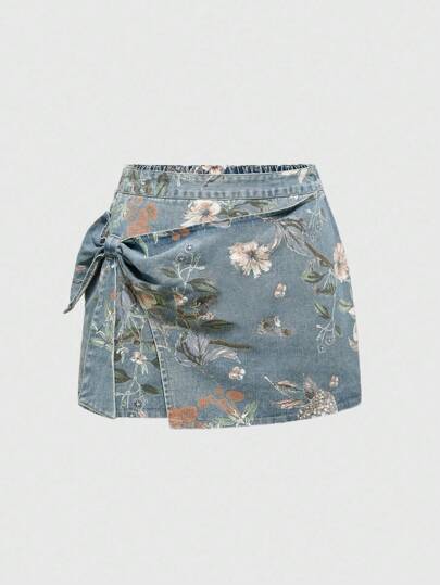 ROMWE Y2K Vintage Floral All-Over Print Bow Decor Plus Size Denim Mini Skirt