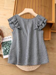 SHEIN LUNE Women Gingham Ruffle V-Shape Neck Sleeve Shirt