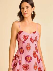 Women's Boho Vacation Tropical Heart Print Cami Mini Dress, Pink - Multicolor - View 7