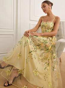 Chiquease 优雅法式浪漫约会奢华高端设计精致刺绣拼接收腰修身蓬蓬连衣裙女 - 黃色 - 查看 6